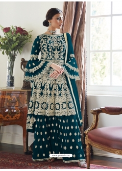 Teal Blue Designer Party Wear Butterfly Net Palazzo Suit