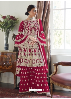 Rose Red Designer Party Wear Butterfly Net Palazzo Suit