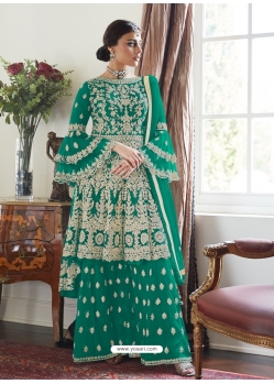 Aqua Mint Designer Party Wear Butterfly Net Palazzo Suit