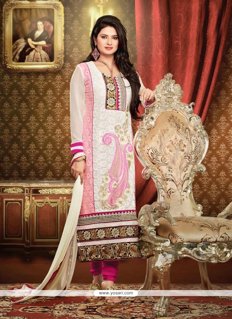 White And Pink Georgette Churidar Salwar Suit