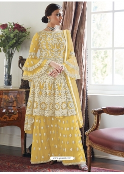 Yellow Designer Party Wear Butterfly Net Palazzo Suit