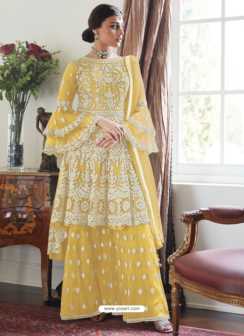 Yellow Designer Party Wear Butterfly Net Palazzo Suit