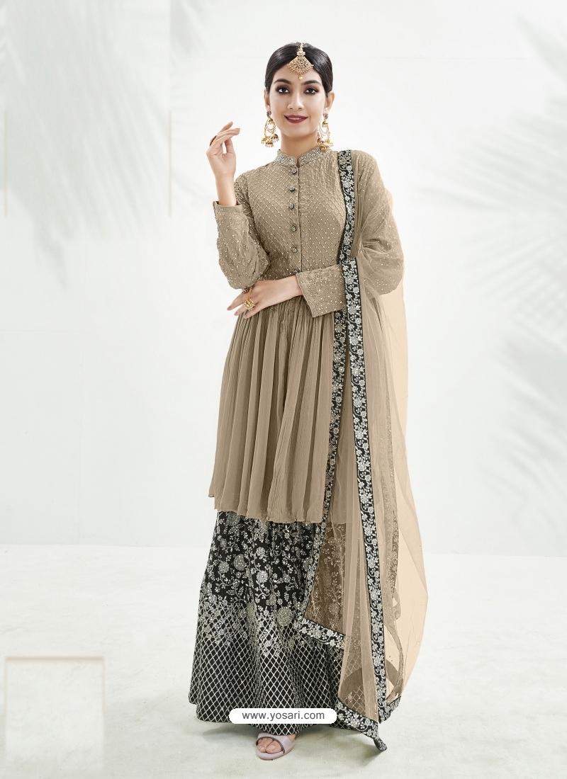 Taupe Designer Party Wear Chinon Palazzo Suit