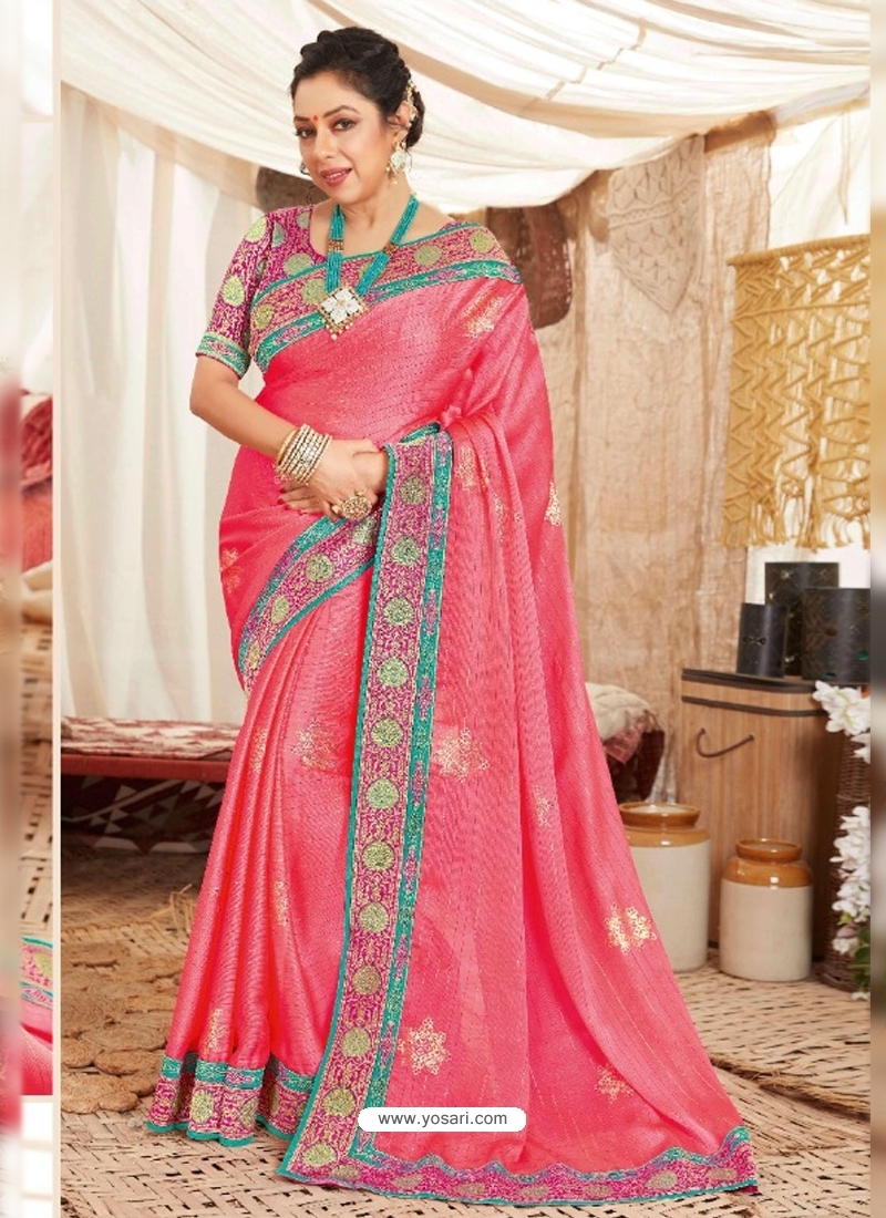 Peach Heavy Designer Wedding Wear Fancy Fabric Sari