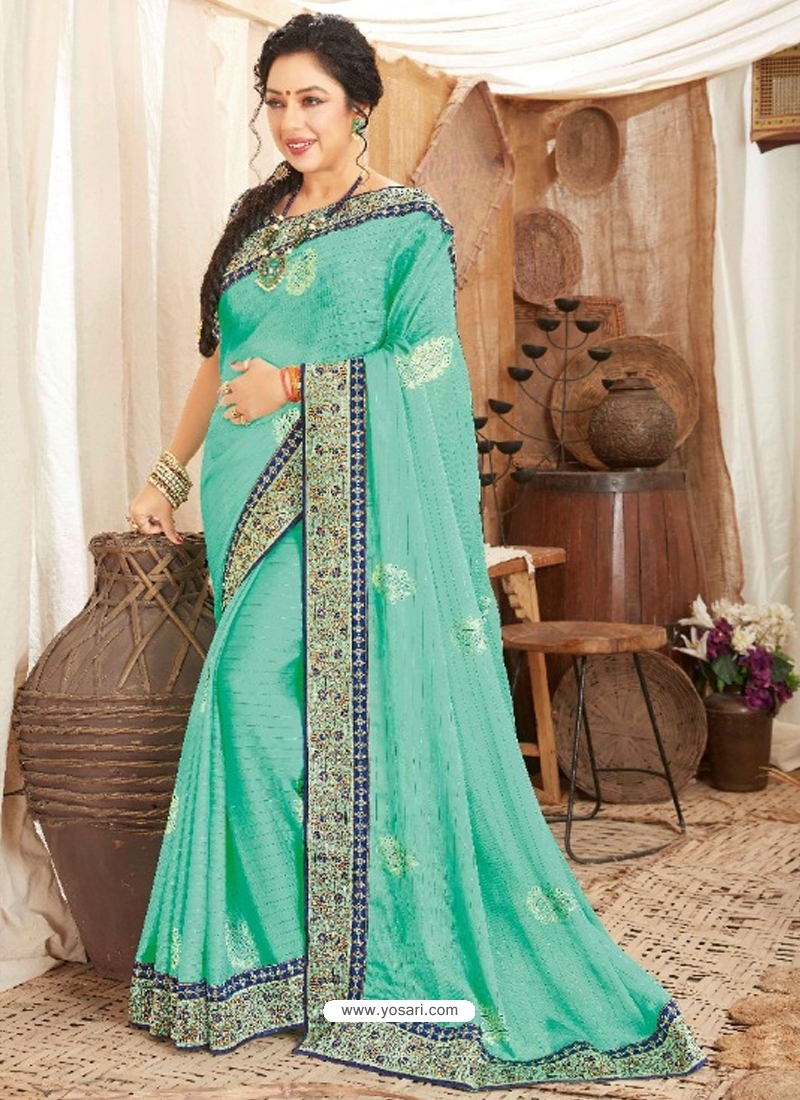 Aqua Mint Heavy Designer Wedding Wear Fancy Fabric Sari