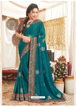 Teal Blue Heavy Designer Wedding Wear Fancy Fabric Sari