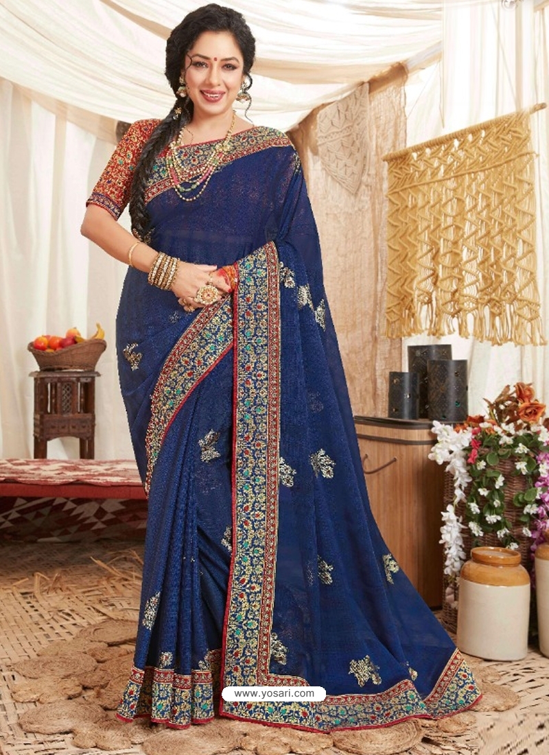 Dark Blue Heavy Designer Wedding Wear Fancy Fabric Sari