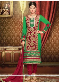 Deserving Maroon And Green Georgette Churidar Suit