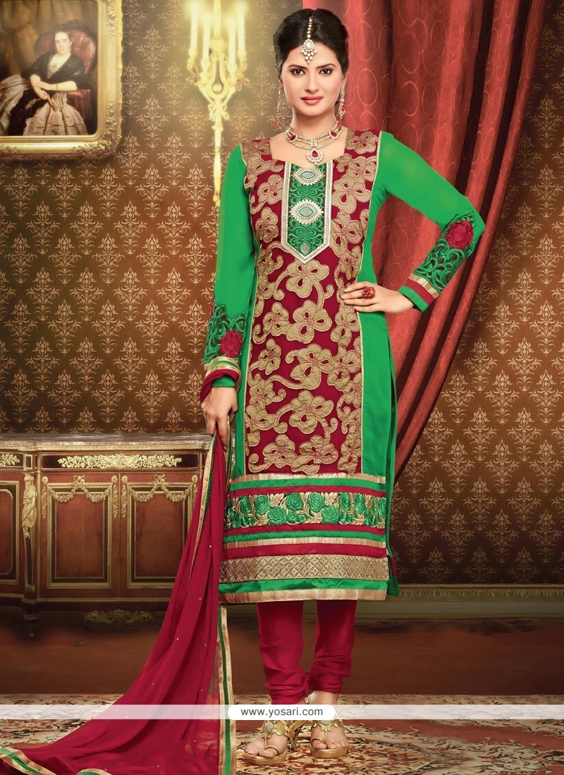 Deserving Maroon And Green Georgette Churidar Suit