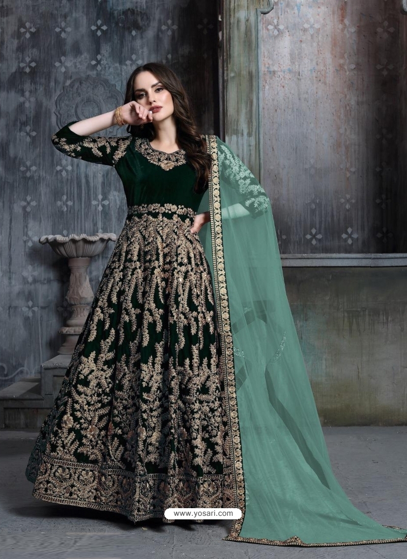 Dark Green Designer Velvet Wedding Wear Anarkali Suit