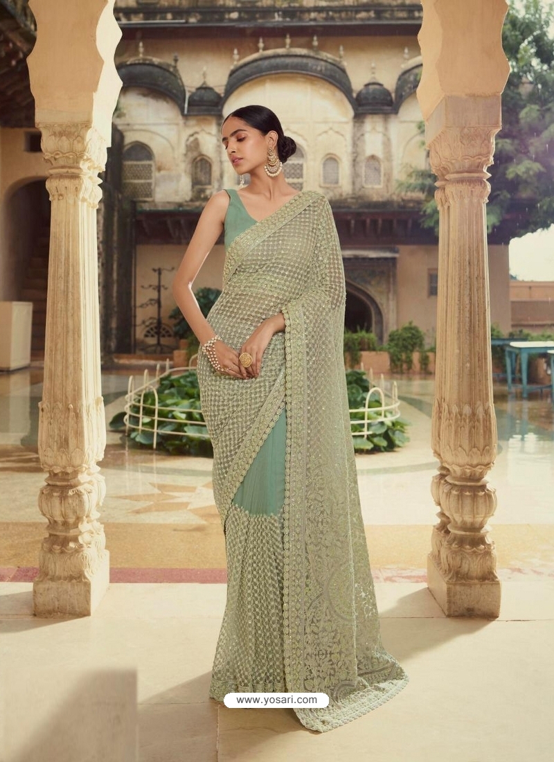 Grayish Green Heavy Designer Party Wear Sari