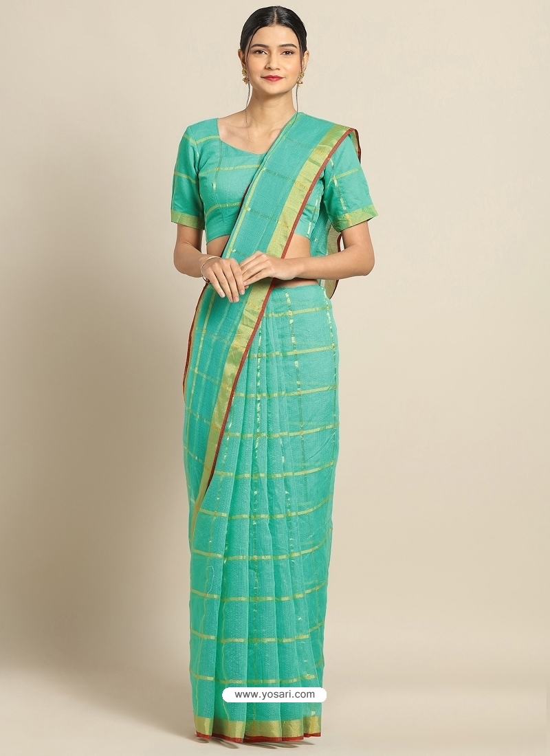 Aqua Mint Heavy Designer Party Wear Cotton Silk Sari