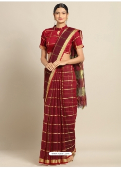 Maroon Heavy Designer Party Wear Cotton Silk Sari