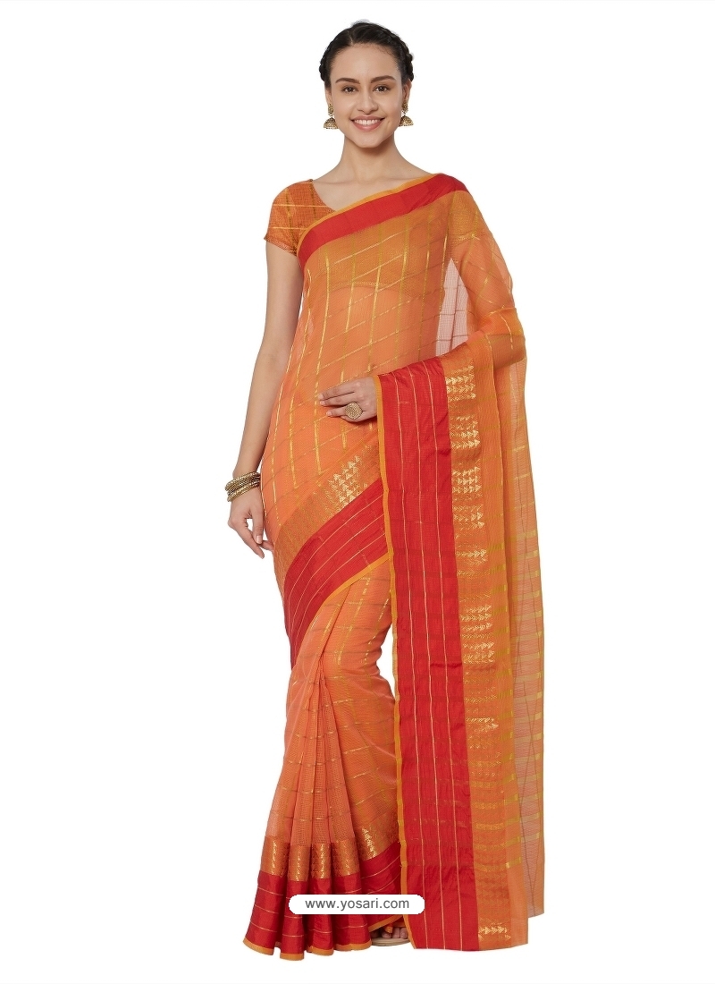 Orange Heavy Designer Party Wear Cotton Silk Sari