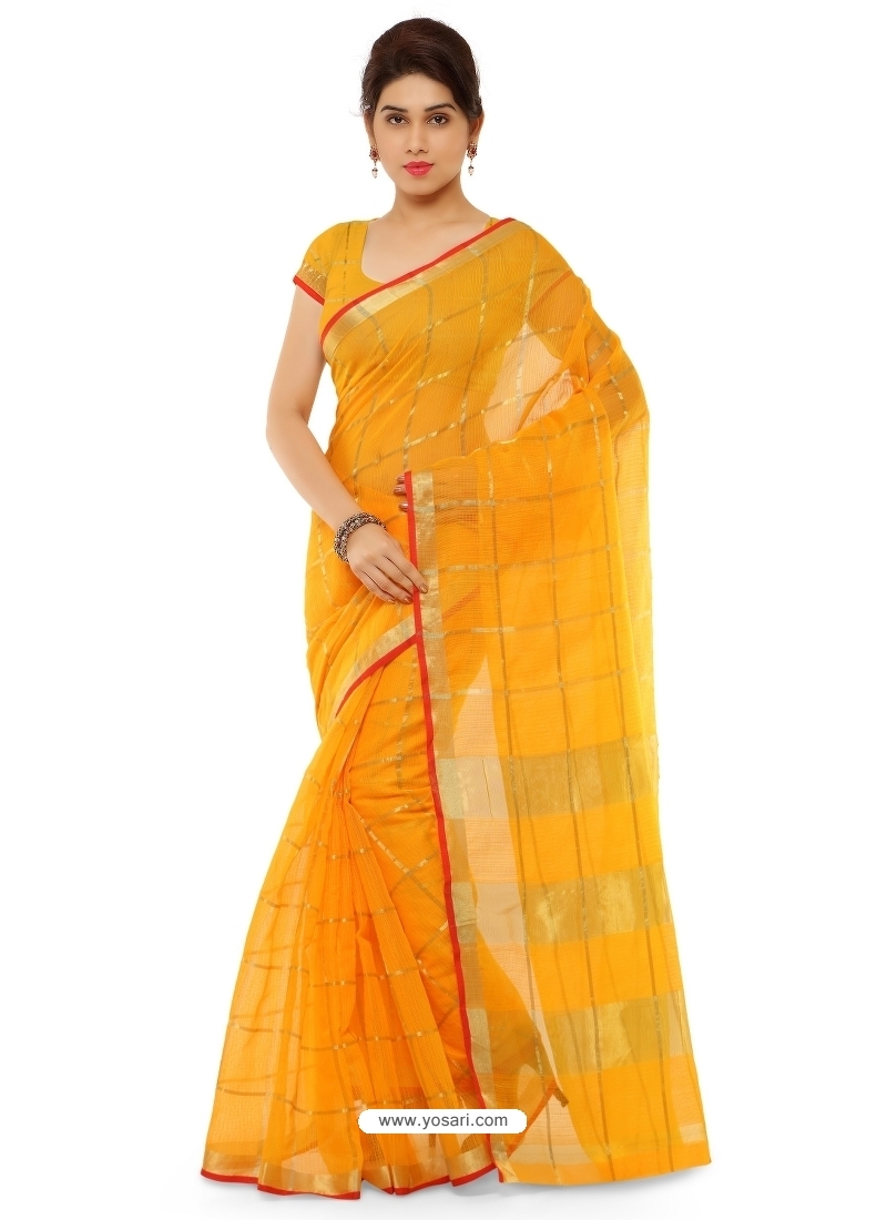 Yellow Heavy Designer Party Wear Cotton Silk Sari