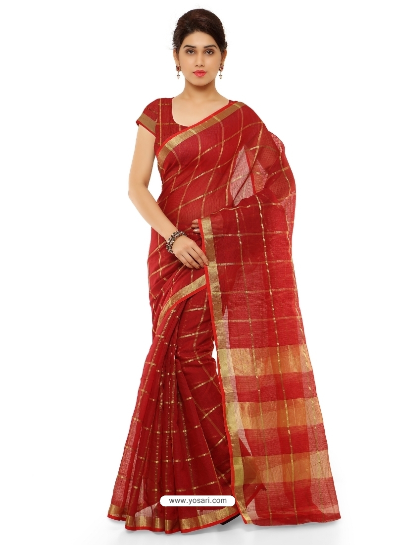 Maroon Heavy Designer Party Wear Cotton Silk Sari