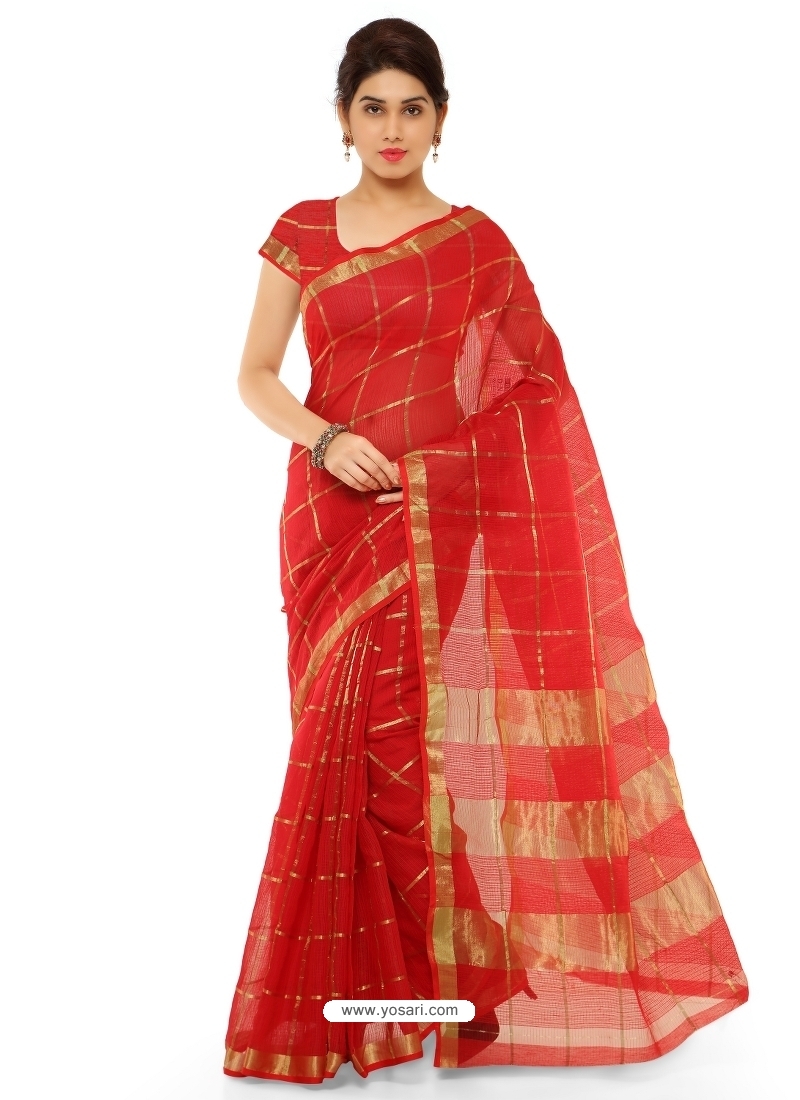 Red Heavy Designer Party Wear Cotton Silk Sari
