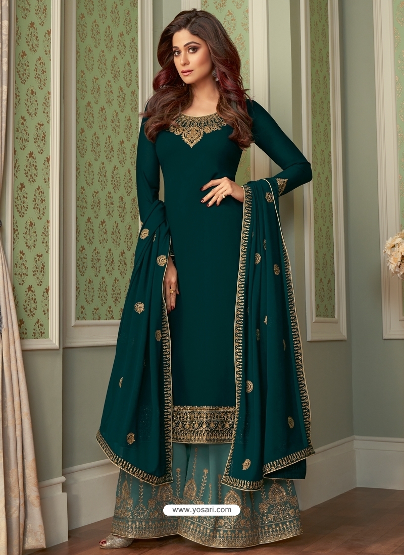 Teal Designer Party Wear Georgette Palazzo Suit