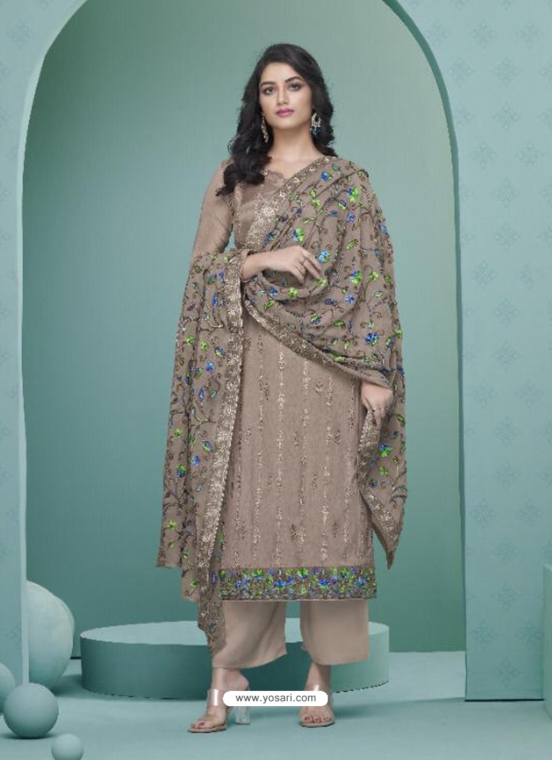 Light Brown Readymade Designer Party Wear Heavy Airtex Georgette Suit