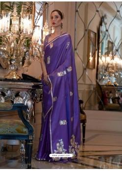 Violet Heavy Designer Party Wear Pure Satin Weaving Silk Sari