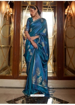 Teal Blue Heavy Designer Party Wear Pure Satin Weaving Silk Sari