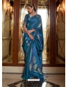 Teal Blue Heavy Designer Party Wear Pure Satin Weaving Silk Sari
