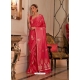 Dark Peach Heavy Designer Party Wear Pure Satin Weaving Silk Sari