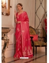 Dark Peach Heavy Designer Party Wear Pure Satin Weaving Silk Sari