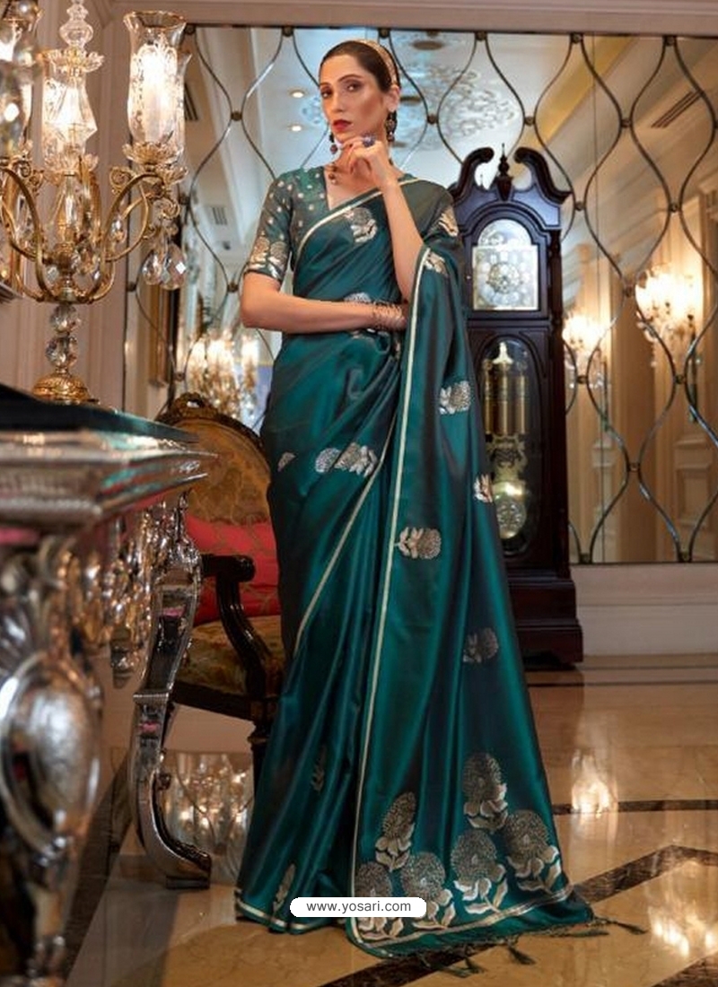 Teal Heavy Designer Party Wear Pure Satin Weaving Silk Sari