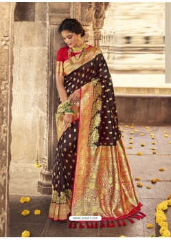 Coffee Heavy Designer Party Wear Banarasi Silk Sari