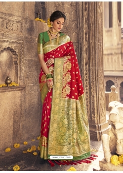 Red Heavy Designer Party Wear Banarasi Silk Sari