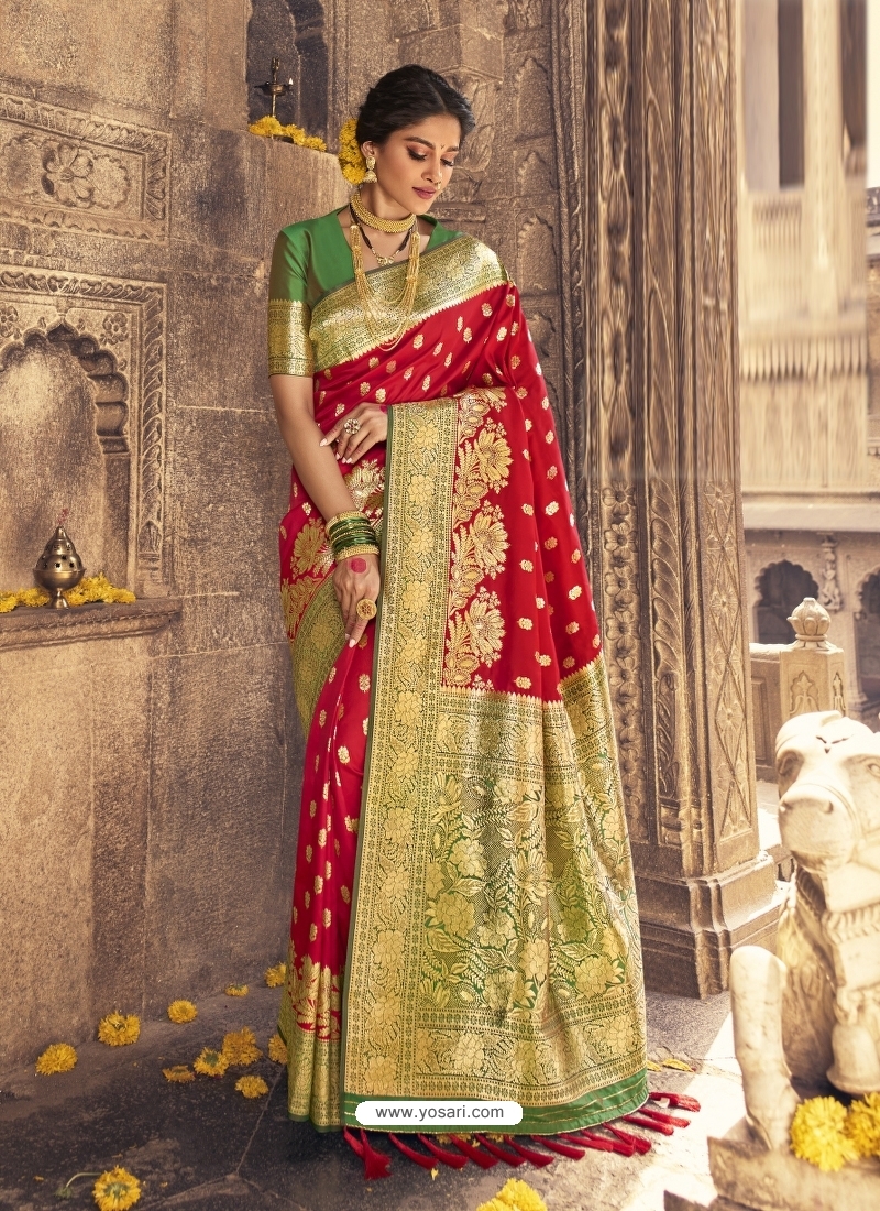 Red Heavy Designer Party Wear Banarasi Silk Sari