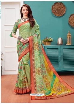 Green Designer Casual Wear Linen Cotton Sari