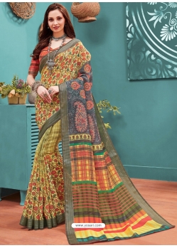 Light Yellow Designer Casual Wear Linen Cotton Sari