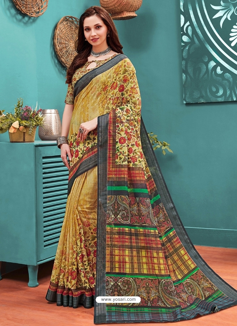 Mustard Designer Casual Wear Linen Cotton Sari