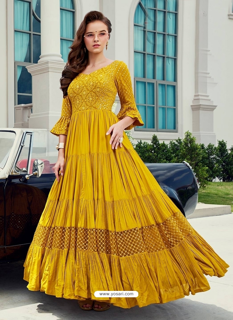 Yellow Readymade Designer Party Wear Gown Suit