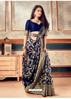 Navy Blue Latest Designer Party Wear Sari With Belt