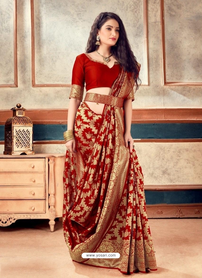 Red Latest Designer Party Wear Sari With Belt