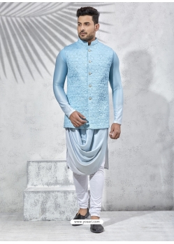 Sky Blue Exclusive Readymade Designer Kurta Pajama With Waistcoat