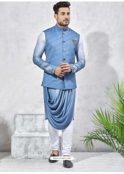 Blue Exclusive Readymade Designer Kurta Pajama With Waistcoat