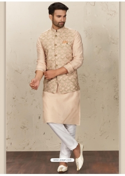 Light Orange Exclusive Readymade Designer Kurta Pajama With Waistcoat