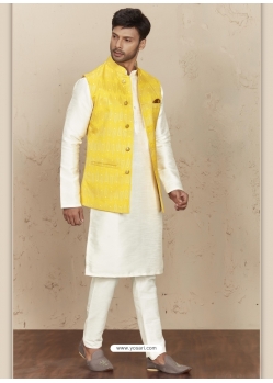 White Exclusive Readymade Designer Kurta Pajama With Waistcoat