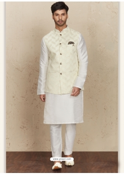 White Exclusive Readymade Designer Kurta Pajama With Waistcoat