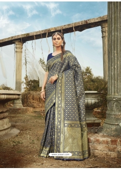 Navy Blue Latest Designer Party Wear Banarasi Silk Sari