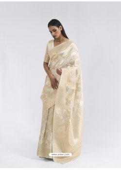 Off White Latest Designer Party Wear Pure Linen Weaving Sari