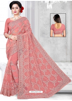 Light Red Latest Designer Party Wear Net Sari