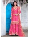 Fuchsia Designer Party Wear Georgette Satin Palazzo Suit