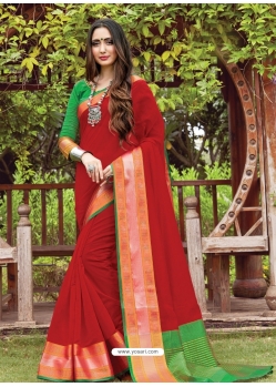 Tomato Red Designer Party Wear Cotton Handloom Sari