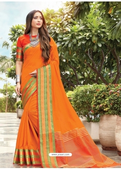 Orange Designer Party Wear Cotton Handloom Sari