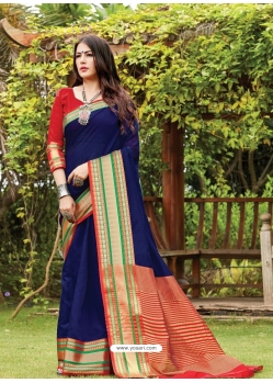 Navy Blue Designer Party Wear Cotton Handloom Sari